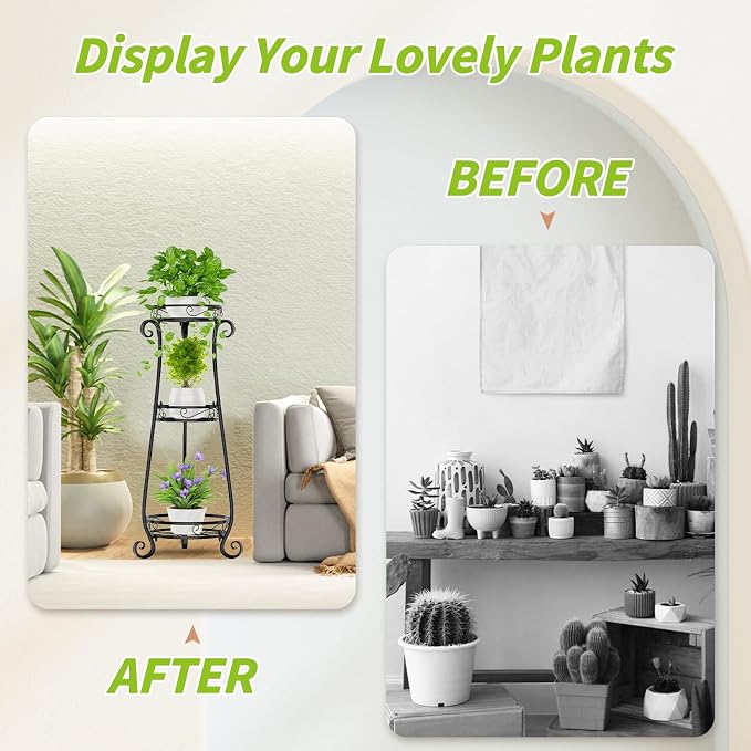 KMOTASUO 3 Tier Metal Plant Stand Indoor, 34 Inch Tall Corner Plant Stands for Indoor Plants, Flower Pot Holder Shelf Display Rack for Balcony Garden Patio Living Room(Black)