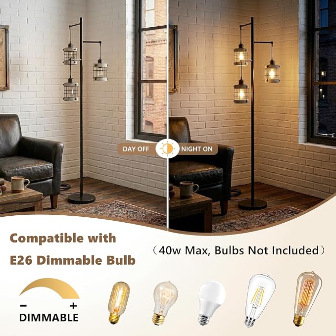 3-Lights Floor Lamp with Metal Wood Cage Lampshades, Vintage Standing Lamp for Living Room, Dimmable Tall Lamp for Bedroom, Industrial Tall Floor Lamps Rustic Corner Lamp for Reading Home Decor
