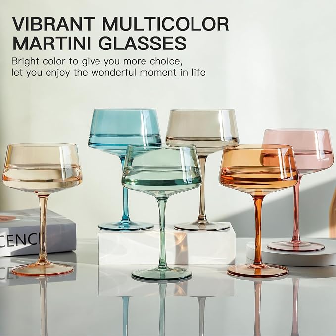 JOVGANK Colored Coupe Glasses Set of 6, Hand Blown Colorful Martini Glasses 13Oz, Champagne & Cocktail Luxury Glasses, Bar Manhattan and New Year Glass, Mother's Day Gift for Ice Cream Dessert