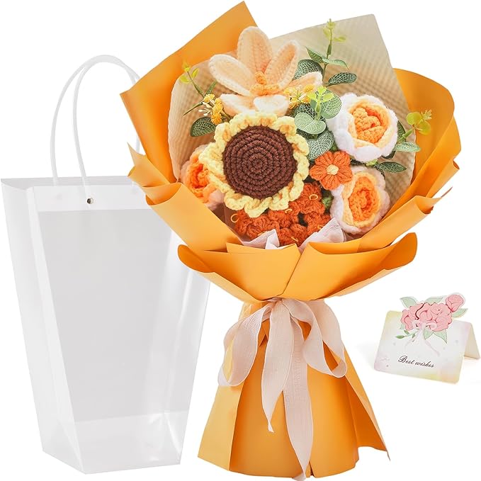 Alecono Crochet Flower Bouquet, Orange Knitted Flowers, Crochet Sunflower Flower for Lover Anniversary Birthday Party Mother's Day Graduation Gifts (Include Card)