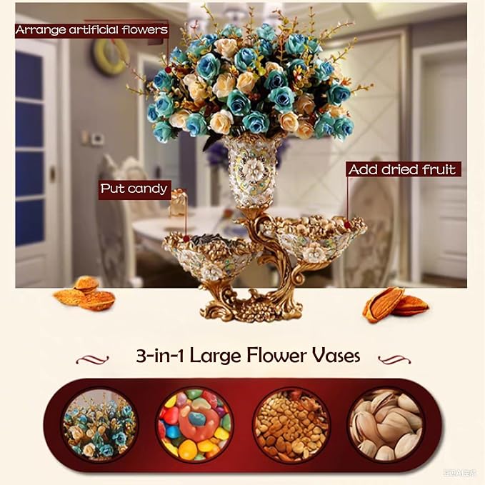 Elegant Large Flower Vases with 2 Tiered Fruit Bowl for Kitchen Counter, Resin Fruit Basket Plate for Snack, Candy Storage(White & Gold)