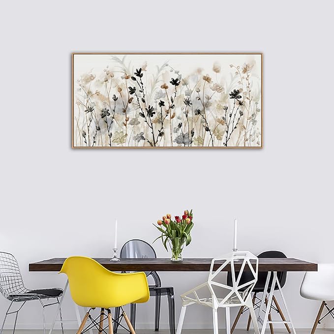 Framed Flower Canvas Wall Art Blossom Canvas Pictures Abstract Grey Cream Brown Landscape Artwork Canvas Prints for Home Living Room Bedroom Kitchen Office Wall Decor Ready to Hang 24"x 48"