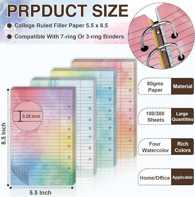 100 Sheet 5.5" x 8.5" Colored Loose Leaf Paper Half Letter Lined Paper 7 hole punched Wide Ruled Paper Refills College Ruled Notebook Paper Watercolor 80GSM For 3 Or 7 Ring Binders