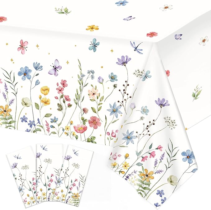 3 Pack Spring Floral Tablecloth, Wildflower Butterfly Plastic Table Cover for Easter, Birthday, Wedding, Tea, Wildflower Party Decorations, 54 x 108 Inch