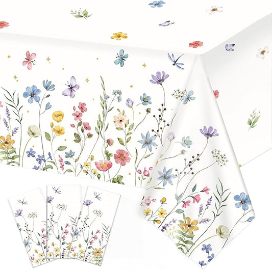 3 Pack Spring Floral Tablecloth, Wildflower Butterfly Plastic Table Cover for Easter, Birthday, Wedding, Tea, Wildflower Party Decorations, 54 x 108 Inch