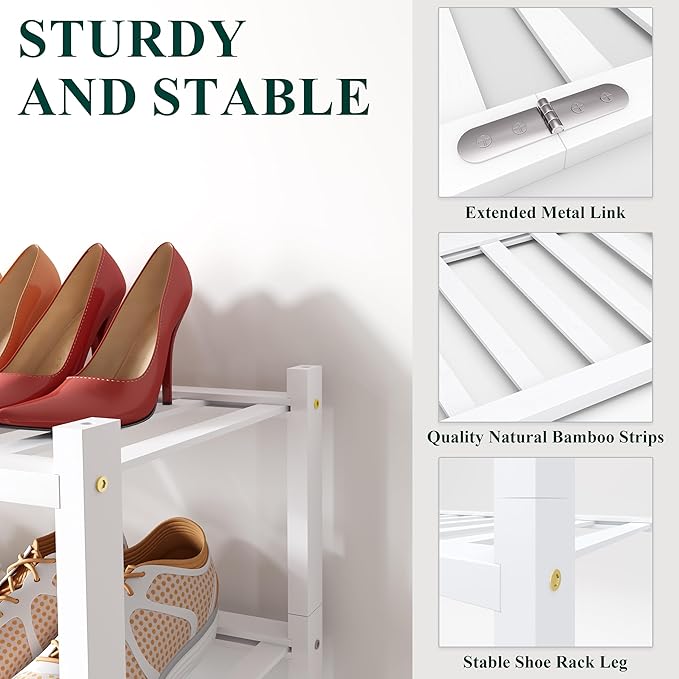 Smiry Bamboo Shoe Rack for Closet, 4 Tier Wooden Stackable Shoe Organizer, Free Standing Shoes Storage Shelf for Entryway, Front Door Entrance, White