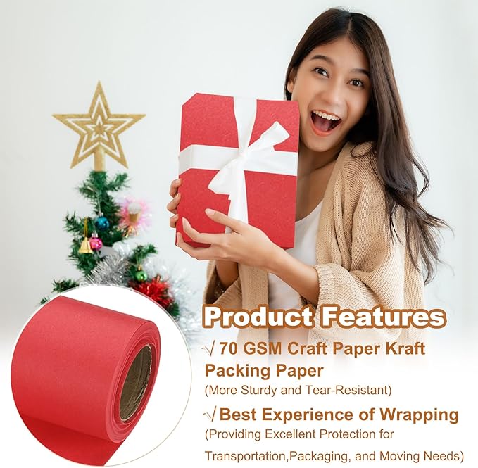 PATIKIL Wrapping Paper, 12" x 300"(25') 70 GSM Craft Paper Roll Kraft Packing Paper for Poster Bulletin Board, Gift Wrapping, Bright Red