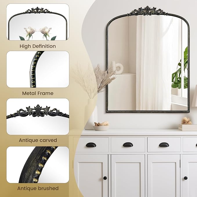 WallBeyond Black Vintage Mirror for Vanity 28x36 Inch, Black Antique Mirror with Ornate Frame, Arched Vintage Wall for Bathroom, Living Room, Fireplace, Entryway