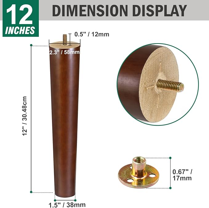 FoDau770 Brown Rubber Wood Furniture Legs 12 Inches, 5/16" UNC Straight Tapered Wood Feet Mid Century Sofa Legs, Wooden Furniture Feet Replacement Parts for Cabinet Couch Dresser Chair Ottoman Table