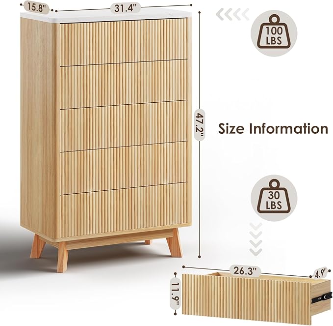 Fluted 5 Drawers Dresser for Bedroom, 47" Tall Handleless Chest of Drawers with Faux Marble Top, Curved Profile Design, Wood Drawer Organizerfor forLiving Room, Hallway, Entryway, Natural Oak