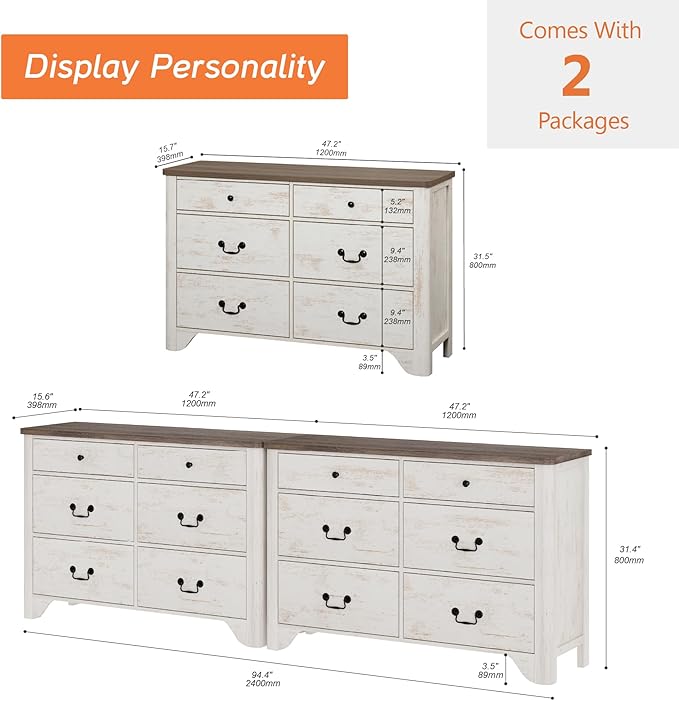 WAMPAT White Dresser with 12 Drawers, 94.5“ W Farmhouse Dresser TV Stand with Large Drawers, Rustic Wood Wide Chest of Drawers for Closet, Wood Dressers for Bedroom, Living Room, Hallway,