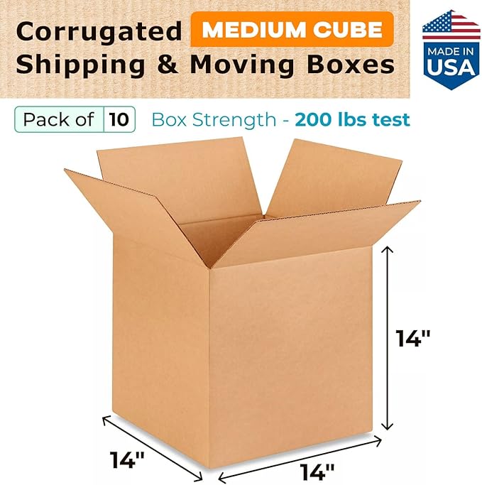 Medium Cube Moving & Shipping Boxes 14x14x14 inches (10-Pack) - Extra Strength 200 lb vs Regular - Corrugated Strong Packaging Boxes - Cardboard Box for Shipping - Medium Box by IDL Packaging