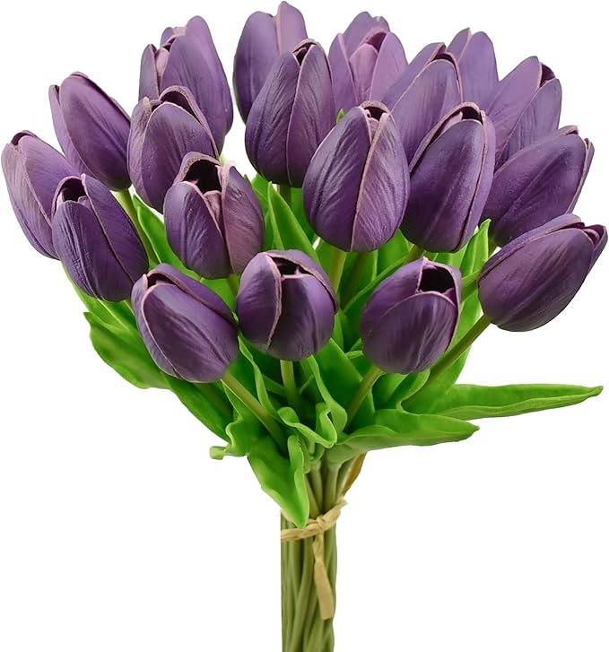 Mandy's Artificial Tulips 20 Stems Purple PU Faux Flowers for Thanksgiving and Christmas Decorations Wedding Home Decor 13.5 Inch