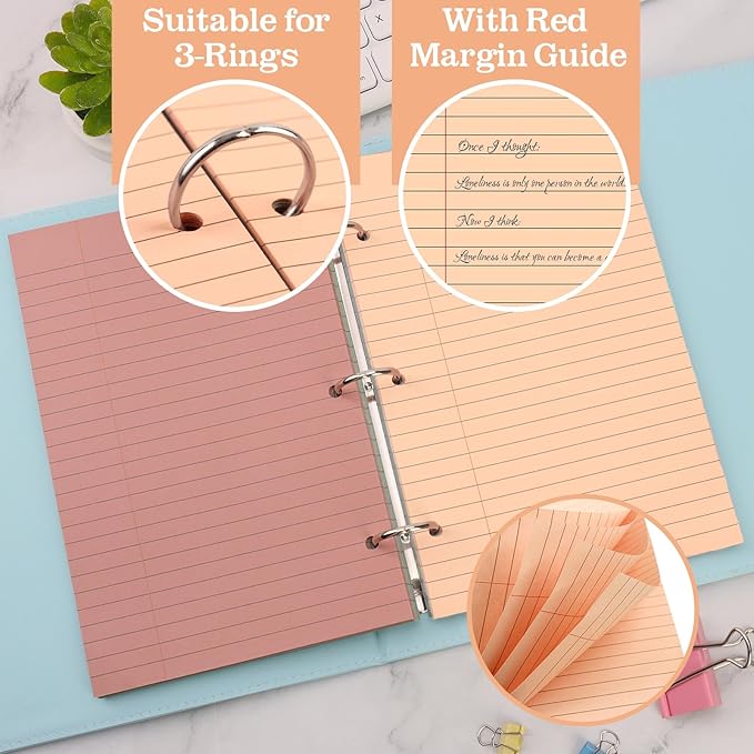 100 Sheets Half Letter Lined Paper 5.5 X 8.5 In Colored Notebook Paper College Ruled Loose Leaf Paper 3 Hole Punched Half Mini Binder Inserts Fit 3 Ring Binder for School Office