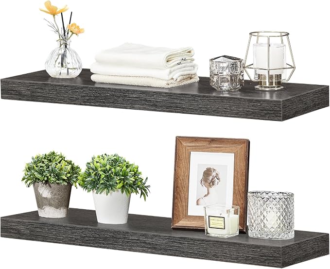 HOOBRO Floating Shelves for Wall, Wall Mounted Shelf Set of 2, 23.6" Hanging Shelf with Invisible Brackets, for Wall Decor Storage in Bathroom Bedroom Kitchen Livingroom Office, Charcoal Gray BC60BJ01