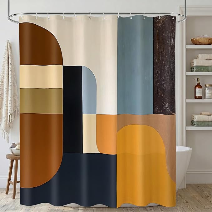 Brown Mid Century Shower Curtain, Abstract Geometric Modern Pattern, Navy Blue and Yellow Boho Bathroom Decor, Retro Art Waterproof Fabric Bath with Hooks, 72x72 Inch