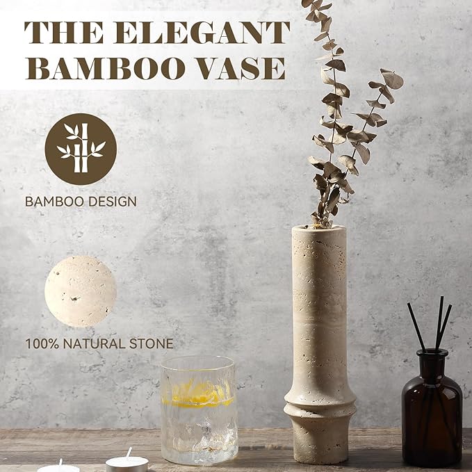 Flower Vase for Home Decor, Marble Bamboo Vase Rustic Vintage Decorations for Living Room, Table, Bathroom, Holiday & Weddings (Travertine)