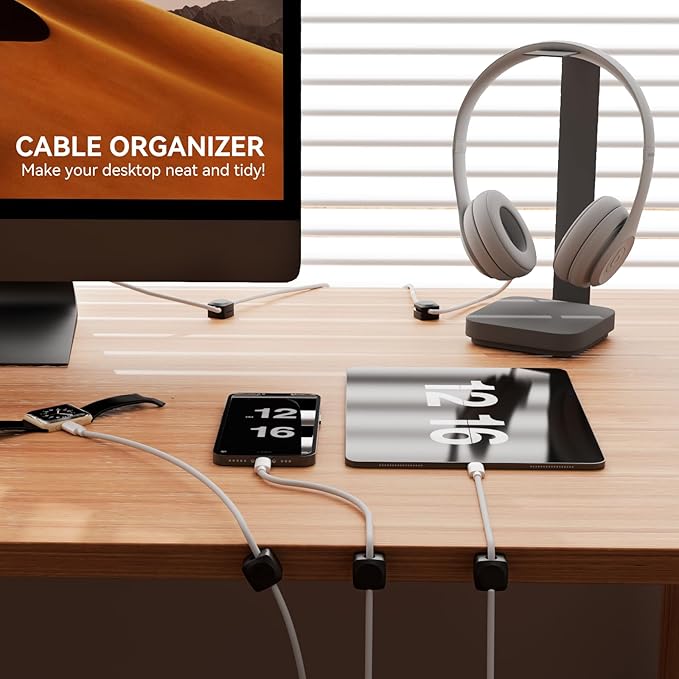 Rotatable Cord Organizer, Enhanced Spring Cable Clips, Strong Adhesive Cable Management, Desk Cord Holder for Nightstand, Office Accessories and Car (4 White + 4 Black)