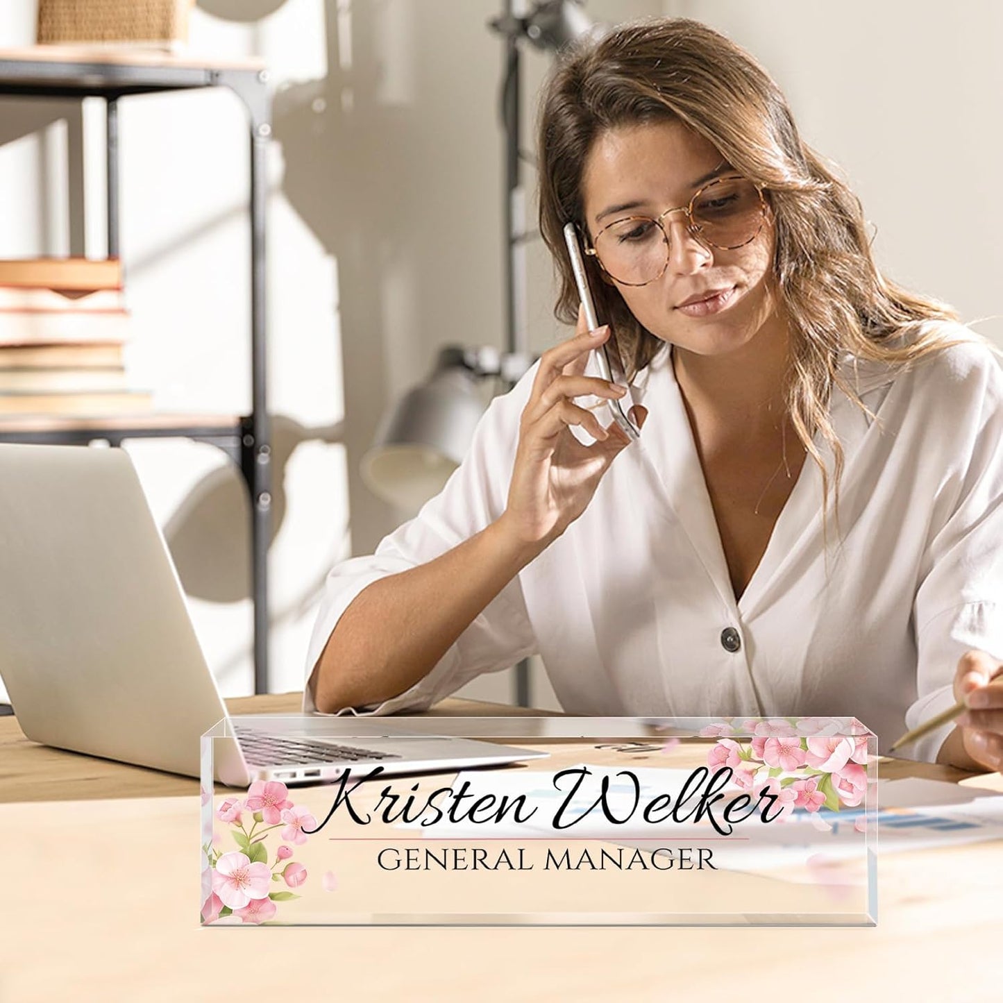 Skiennix Personalized Office Name Plate - Custom Acrylic Desk Sign for Employee Appreciation | Pink Flower Design