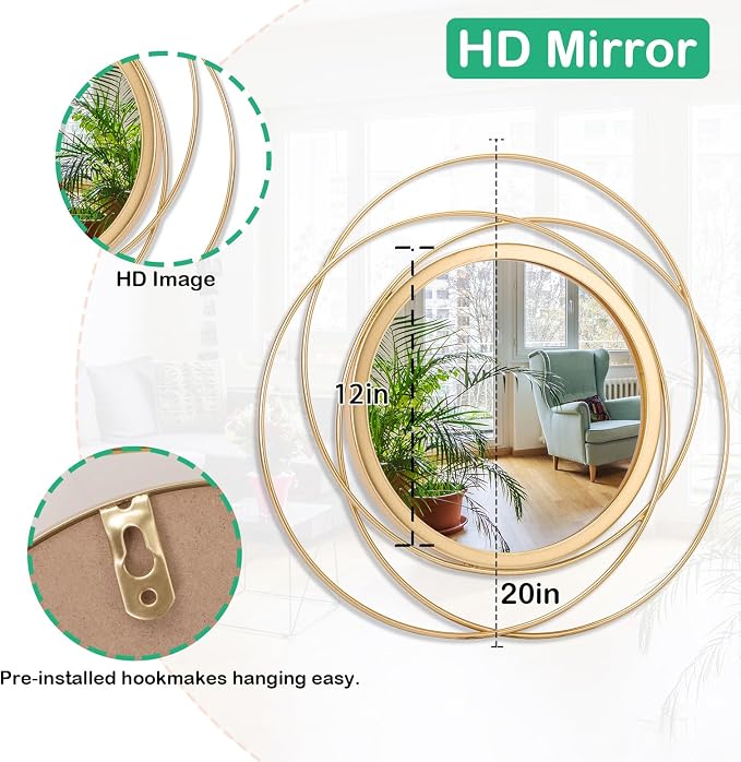 Large Gold Round Art Wall Mirror with Iron Metal Wire Frame Wall-Mounted Mirror for Home Decor Living Room Bedroom Bathroom Entryway 20"