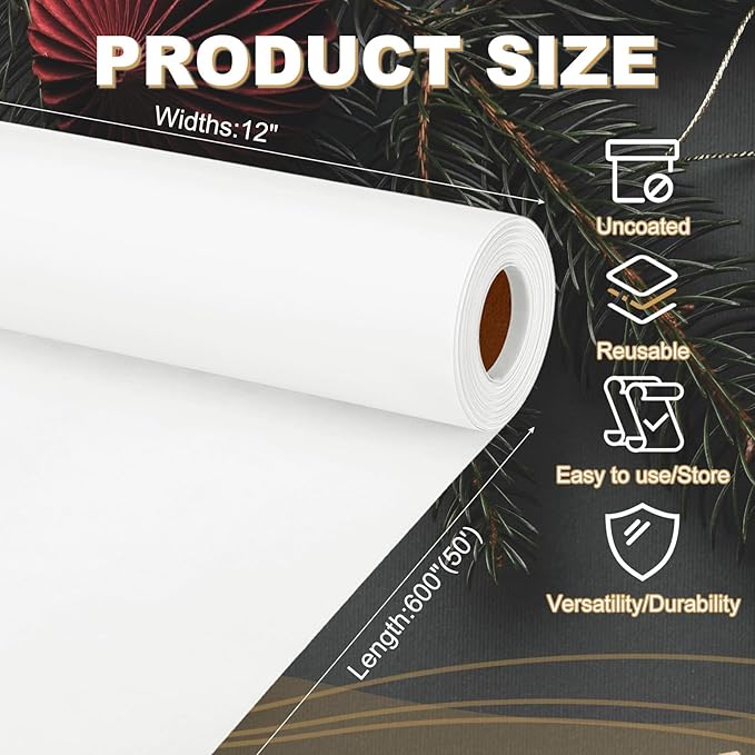 PATIKIL Wrapping Paper, 12"x600"(50') Bulletin Board Paper Roll Kraft Paper Roll Construction 80GSM for Shipping Packing Gift Wrapping Craft Flower Bouquet Christmas, White