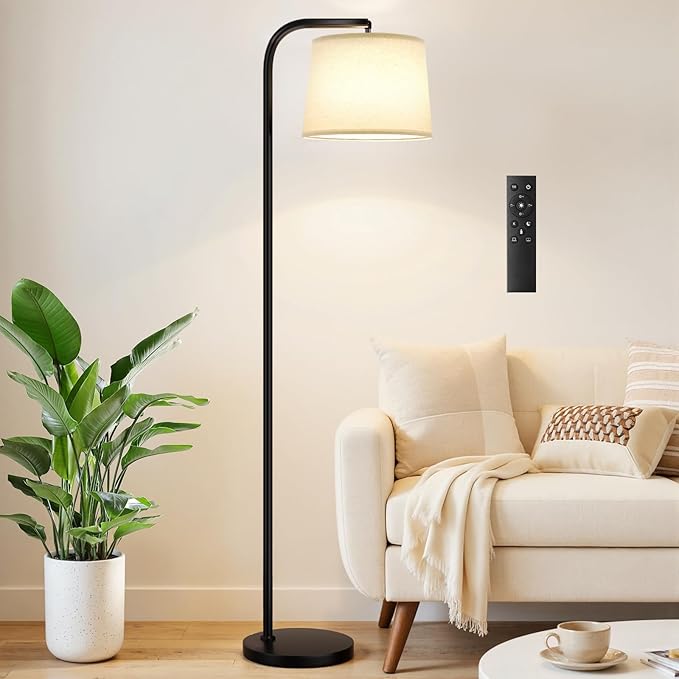 Ambimall Remote-Controlled Floor Lamp - Color Temperature Adjustable and Fully Dimmable, Standing Lamp for Living Room with Rotating Head, Tall Lamp for Bedroom, 9W Bulb Included (Black and Beige)