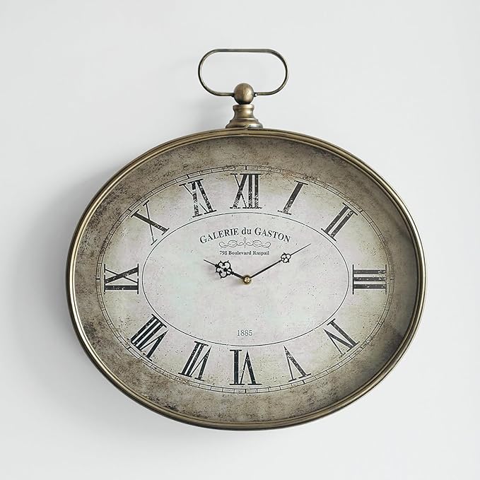 Large Decorative Wall Clock - 20 inch, Distressed Gold, Oval Pocket Watch Design, Roman Numerals, Battery Operated, Large Antique Style for Living Room, Kitchen, Bedroom Decor
