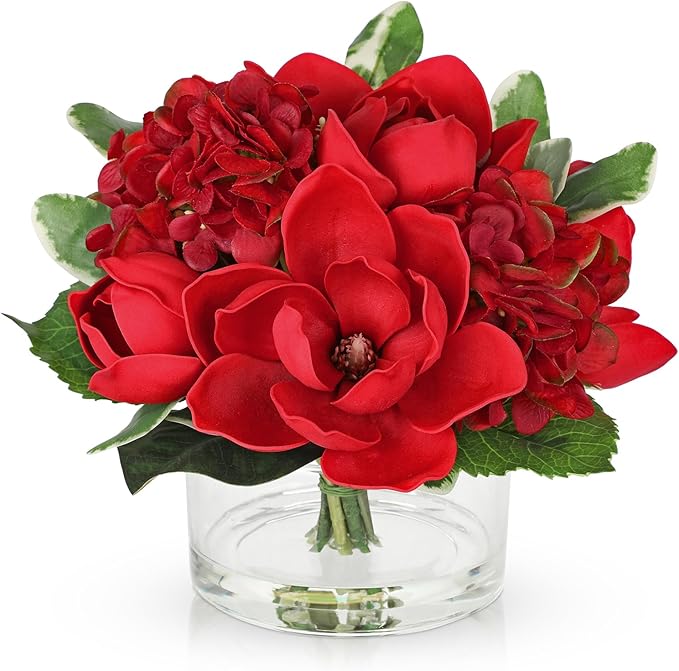 Briful Artificial Magnolia and Hydrangea Flower Arrangement in Glass Vase 9.4" Realistic Red Silk Fake Flower with Faux Water Fake Floral Centerpieces for Home Room Office Table Shelf Décor