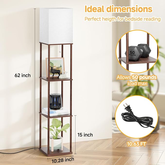 SHINE HAI Floor Lamps with Shelves for Living Room, 3-Tier Square Modern Standing Lamp with 3CCT Bulb, 11W 950LM Brightness, Tall Shelf Lamp for Bedroom, Office, Bookshelf & Display Organizer
