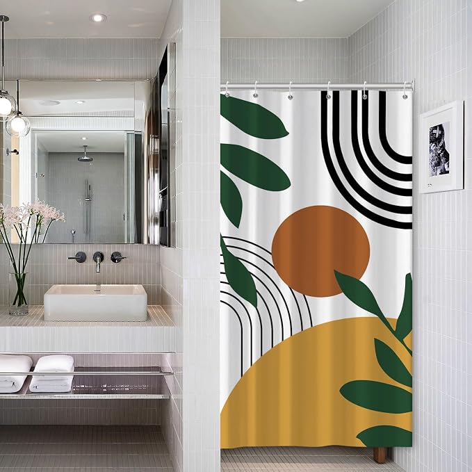 Boho Geometric Shower Curtain White Beige Mid Century Abstract Arch Curve Bathroom Curtain Minimalistic Sun Shower Curtain Sets for Bathroom Extra Long 36x72 in with 6 Hooks