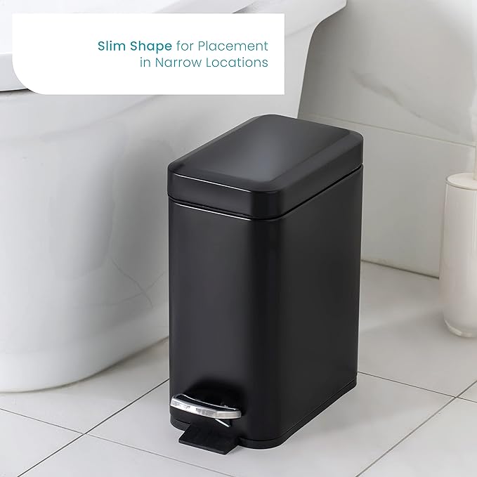 Home Zone Living 1.3 Gallon Small Bathroom Trash Can with Lid and Step Pedal, Stainless Steel Wastebasket with Slim Design for Home and Office, Matte Black, 5 Liters