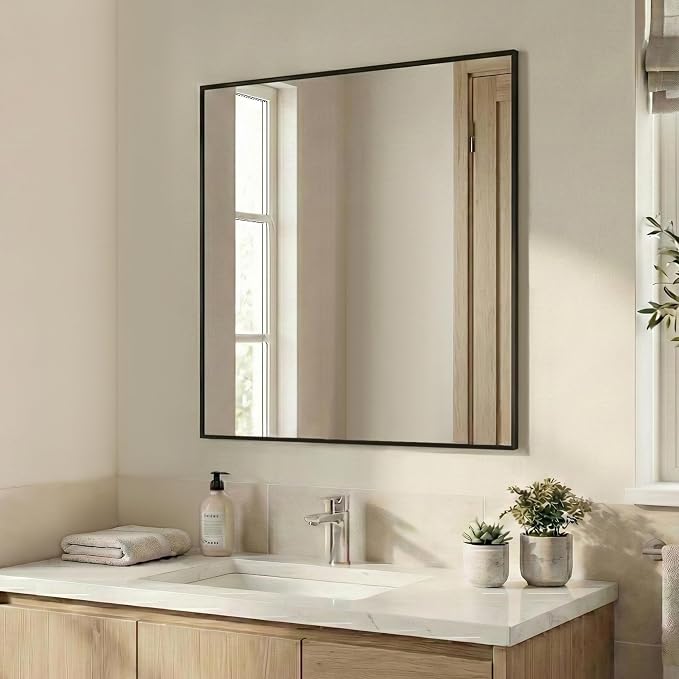 36"x36" Square Black Bathroom Mirror, Shatterproof Tempered Glass, Large Geometric Vanity Mirror, Oversized Ultra-Flush Wall-Mounted