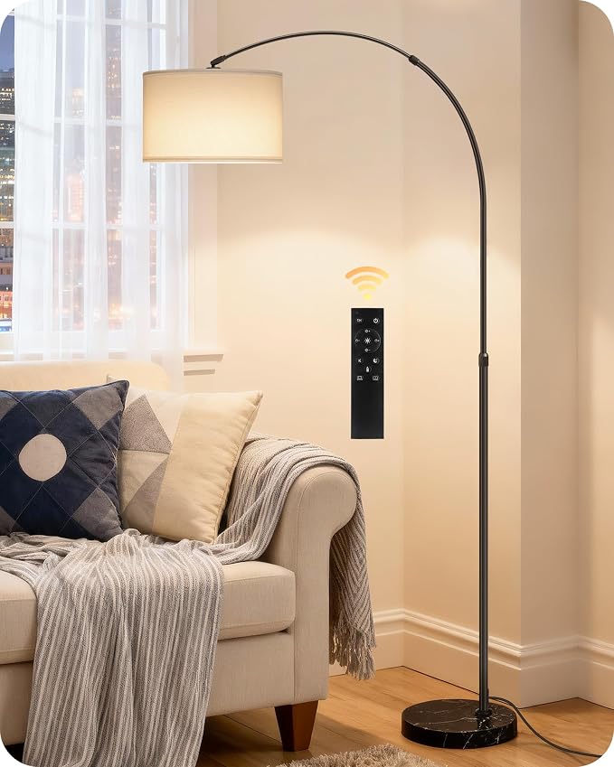 75" Arc Floor Lamp with Marble Base and Adjustable Height, Rotating Hanging Shade, Dimmable Floor Lamp for Living Room with Remote and Foot Switch, 3CCT, Over Couch Arched Light, White Shade W15LD05