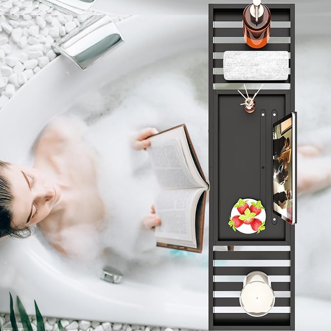Bathtub Tray Black - Bath Tray Expandable - Bath Table Trays for Bathtub/Tub,Premium Bamboo Wooden, Fits Most Bath Tubs