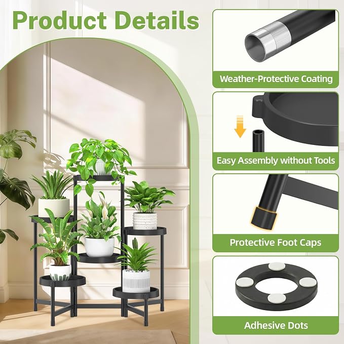 iDavosic.ly 6 Tier Folding Plant Stand Indoor Outdoor with Grow Light, Tiered Corner Flower Holder Shelf with Plastic Tray, Metal Orchid Display Rack for Patio Porch Living Room Garden Balcony, Black