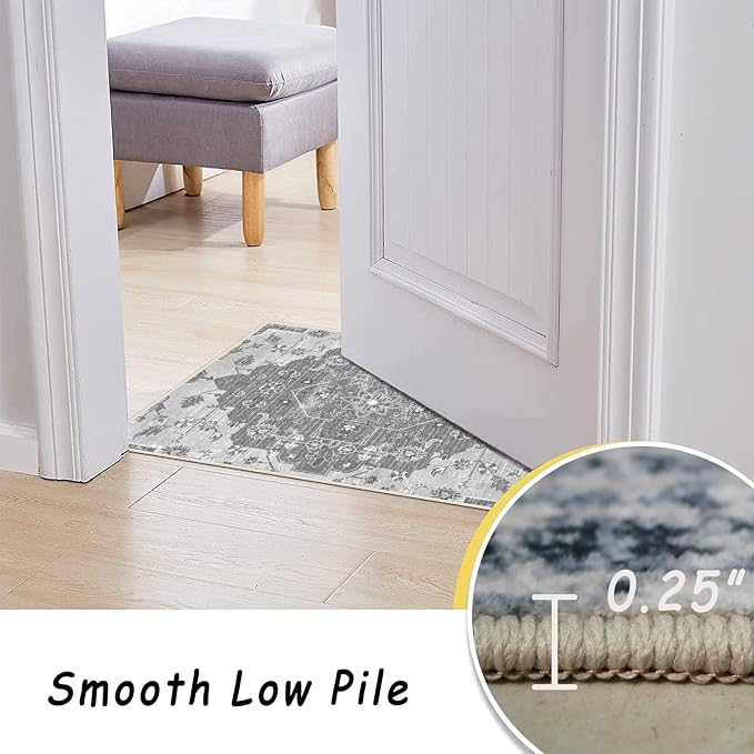 vivorug 6x9 Area Rugs, Stain Resistant Washable Rug for Living Room, Vintage-Inspired Grey Floral Rug