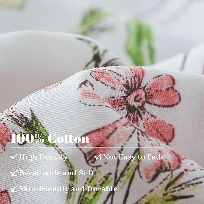 EAVD Girls Floral Duvet Cover Twin Soft Cotton Chic Cute Bird Floral Print Bedding Set Vibrant Botanical Bedding Set with 2 Pillowcases Vintage Botanical Comforter Cover with Zipper Closure
