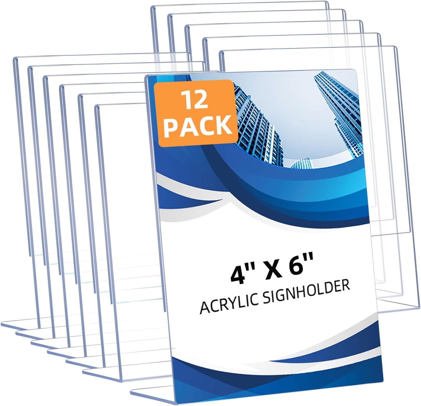 Slanted Back Acrylic Sign Holders 4x6 - 12 Pack Clear Tabletop Display Stands with Anti-Slip Pads for Menus & Flyers