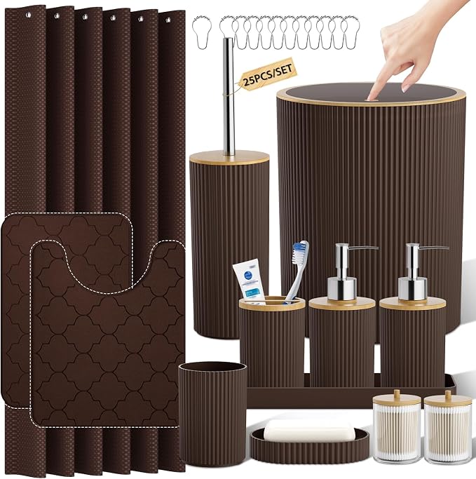 Brown and Wooden Bathroom Accessories Set, 25PC Bathroom Accessory Sets, Bathroom Sets with Push Top Trash Can, Shower Curtain and Rugs, Toilet Brush, Trash Can & Soap Dispenser
