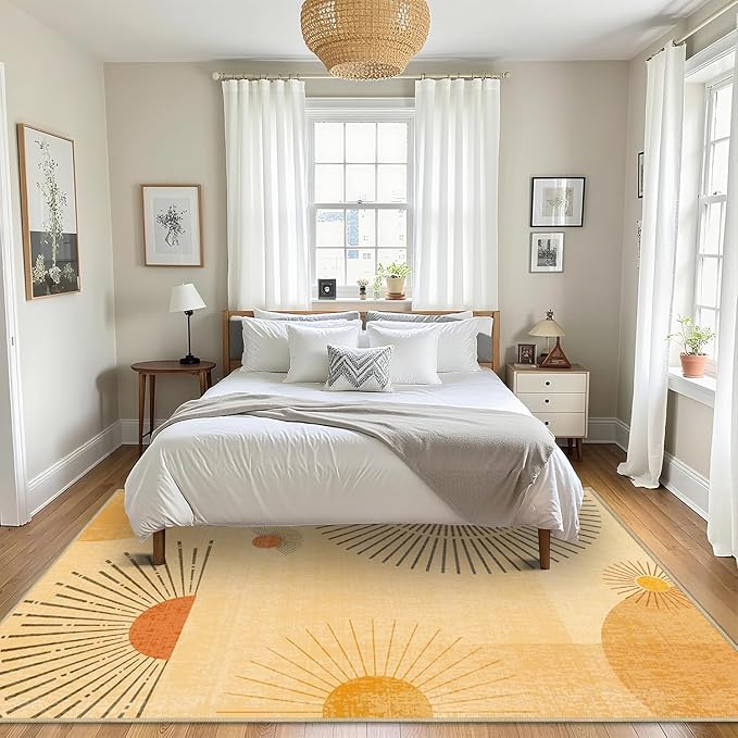 8x10 Large Area Rug for Living Room Sun Rug Mid Century Modern Rugs Machine Washable Boho Geometric Rug Non Slip Printed Low Pile Indoor Floor Carpet for Dining Room Bedroom Office,Yellow