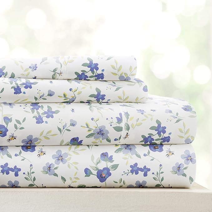 Linen Market Patterned Microfiber Full Sheet Set 4 Piece – Oeko-TEX Certified Ultra Soft & Wrinkle-Free - 16" Deep Pocket Sheets - Easy Care Full Size - Blossoms Light Blue