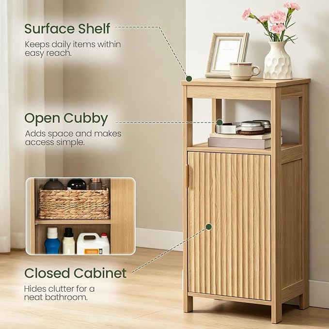 CHOEZON Bathroom Cabinet, Freestanding Bathroom Storage Cabinet with Door and Shelves, Small Floor Storage Cabinet, Narrow Bathroom Table, Fluted Door, Gold Handle, for Bathroom, Living Room, Natural