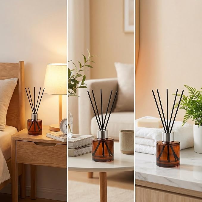 2Pcs 50ml/1.7oz Empty Refillable Amber Round Glass Diffuser Bottle with Silver Lid Diffuser Jars Containers Fragrance Accessories Use for DIY Home Crafts Decor