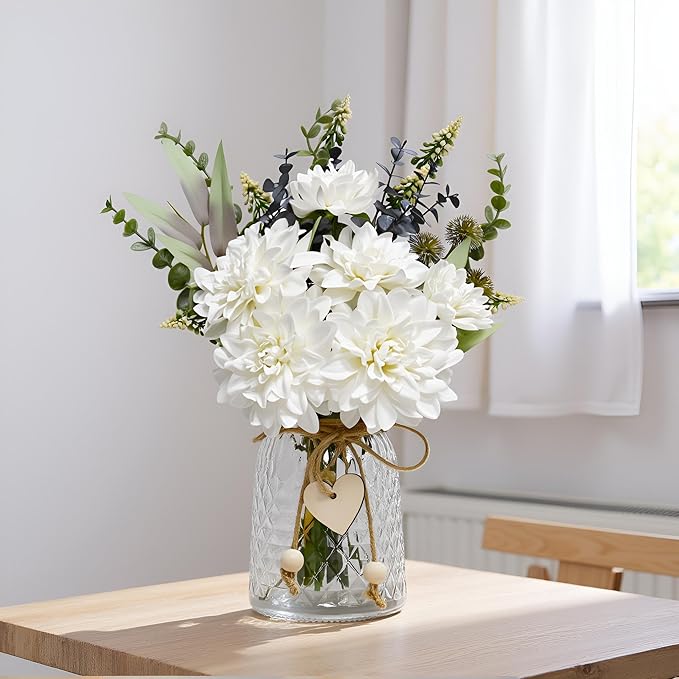 LADADA Vase Fake Flowers, Artificial Silk White Dahlias Arranged in Vases, EucalyptusTrees, Pampas Grass, and Hemp Rope for Farmhouses 14.5'' Floral Arrangements for Dining Table Centerpiece Decor