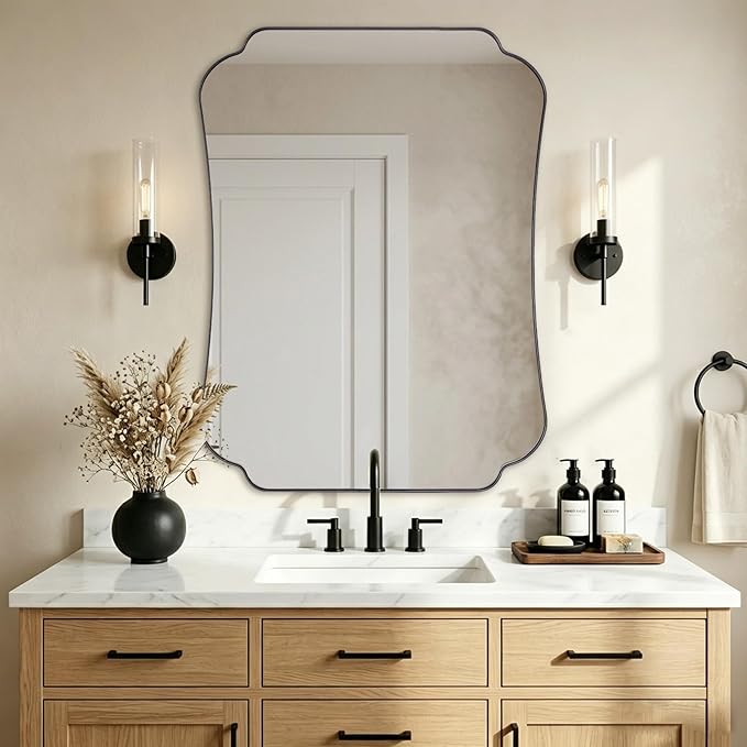 ANDY STAR 36x48 Inch Black Bathroom Mirror, Large Scalloped Wave-Edge Wall Mirror for Bathroom Vanity, Decorative Modern Vintage Metal Frame Mirror for Living Room, Entryway, Bedroom