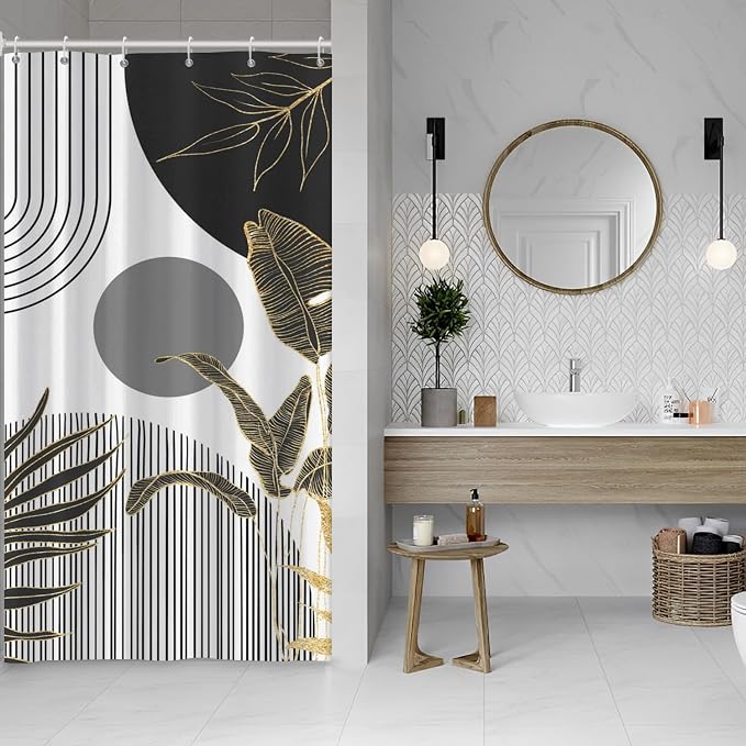 Mid Century Boho Shower Curtain, Abstract Modern Sun Minimalist Aesthetic Shower Curtain, Bohemian Geometric Arch Curve Leaves Neutral Art Fabric Bathroom Curtains Black 36x72 inch