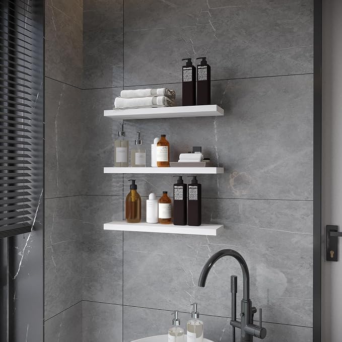 SAUMONIERES Floating Wall Shelves for Bedroom Bathroom Wall Mounted Solid Wood Shelf 24 Inch Set of 3, White