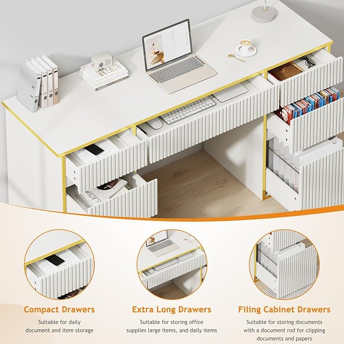 58 Inch White Desk with 7 Drawers, White and Gold Computer Desk with File Drawers for Bedroom, Home Office Desk for Study, Living Room
