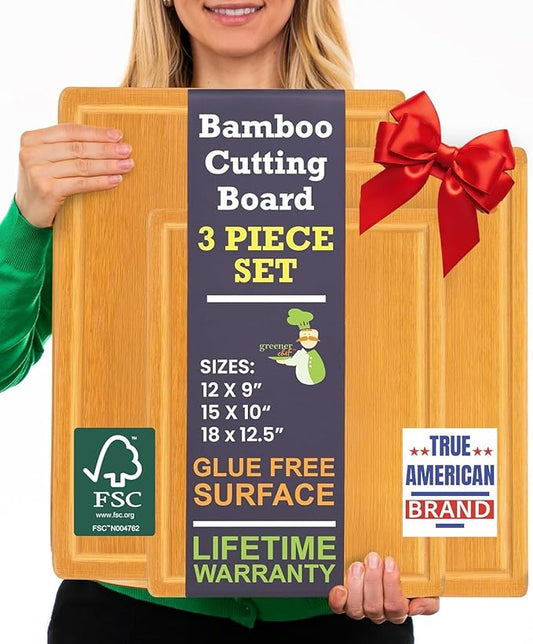 Glue-Free Surface™ Extra Large Bamboo Cutting Board Set – For Chopping Vegetables, Carving Meat, Slicing Bread, and Serving Cheese & Charcuterie for Safer Family Meal Prep – For Health Conscious Chefs