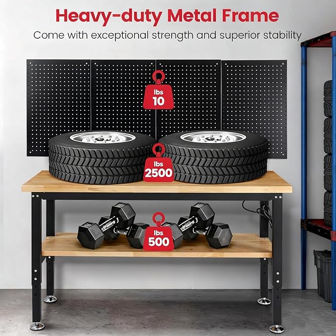 Work Table for Garage 60 x 22 Inch Adjustable Height Workbench Heavy Duty Rubberwood Tabletop Work Bench with Power Outlets Pegboard Pad for Woodworking Shop, Home, Office